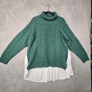 Anthropologie Cable Knit Sweater Womens XL Green Layered Mixed Media Holiday